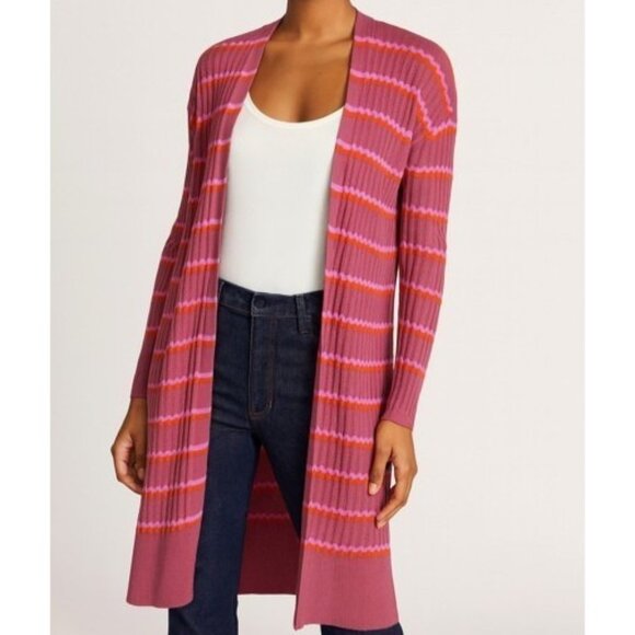 LOFT Sweaters - Ann Taylor Loft Open Front Knit Cardigan Duster Sweater Pink Red Striped Sz XL